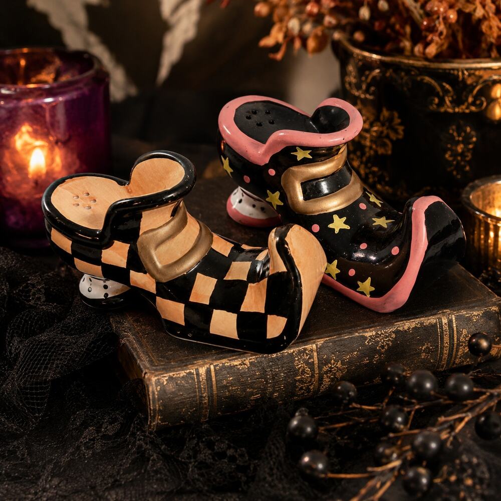 Witch Shoe Salt Pepper Shakers Mismatched Harlequin Stars Halloween Whimsical